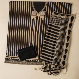 Black & Beige Unstitched Crepe Suit with Neckline Detailing-Aaroha Living