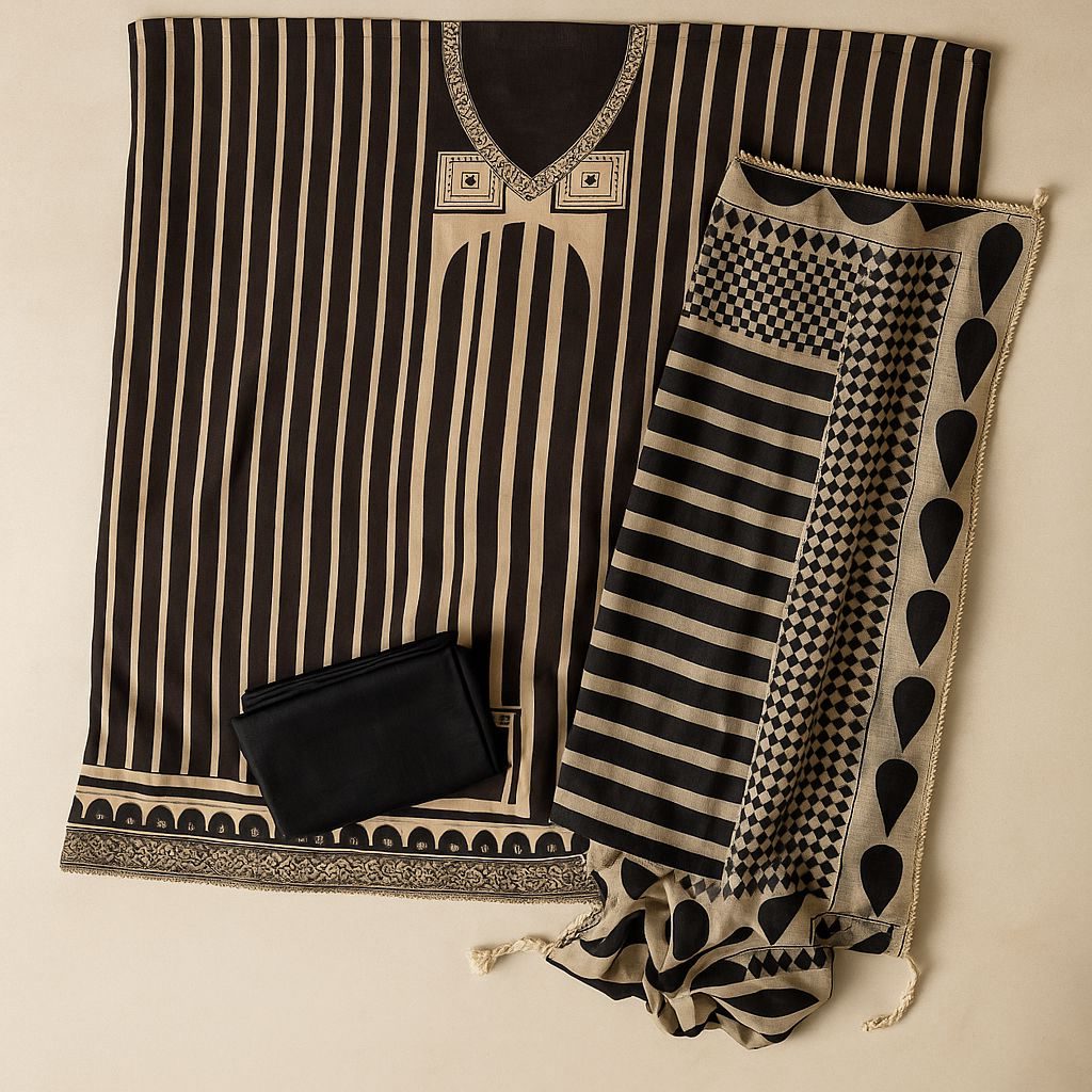 Black & Beige Unstitched Crepe Suit with Neckline Detailing-Aaroha Living