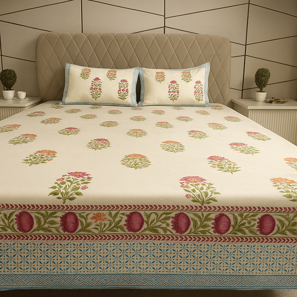 Cotton Block Print Bedsheet-Aaroha Living