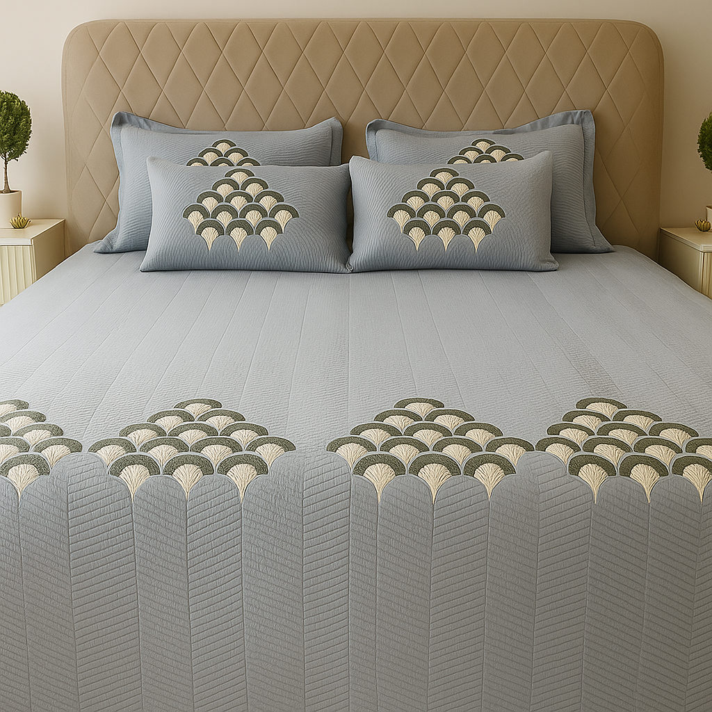 Dark Grey Embroidered Bedcover Set-Aaroha Living