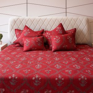 Ajrakh Gulbagh Red Quilted Bedcover-Aaroha Living