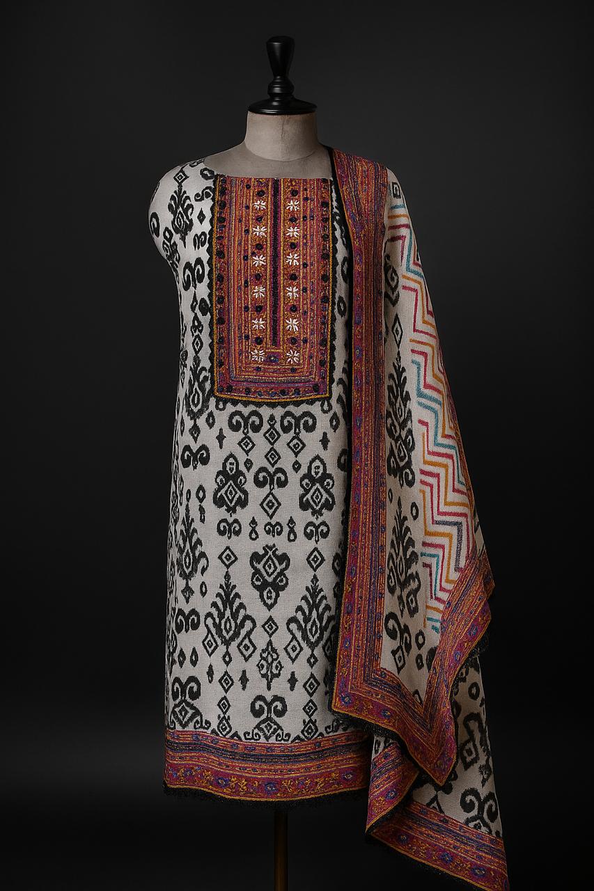 Tribal Muse – Muslin Unstitched Suit with Ethnic Print & Embellished Neckline-Aaroha Living