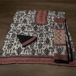 Tribal Muse – Muslin Unstitched Suit with Ethnic Print & Embellished Neckline-Aaroha Living