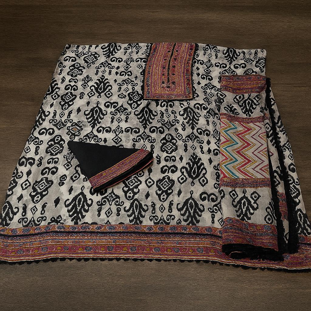 Tribal Muse – Muslin Unstitched Suit with Ethnic Print & Embellished Neckline-Aaroha Living