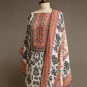 Tribal Muse – Muslin Unstitched Suit with Ethnic Print & Embellished Neckline-Aaroha Living