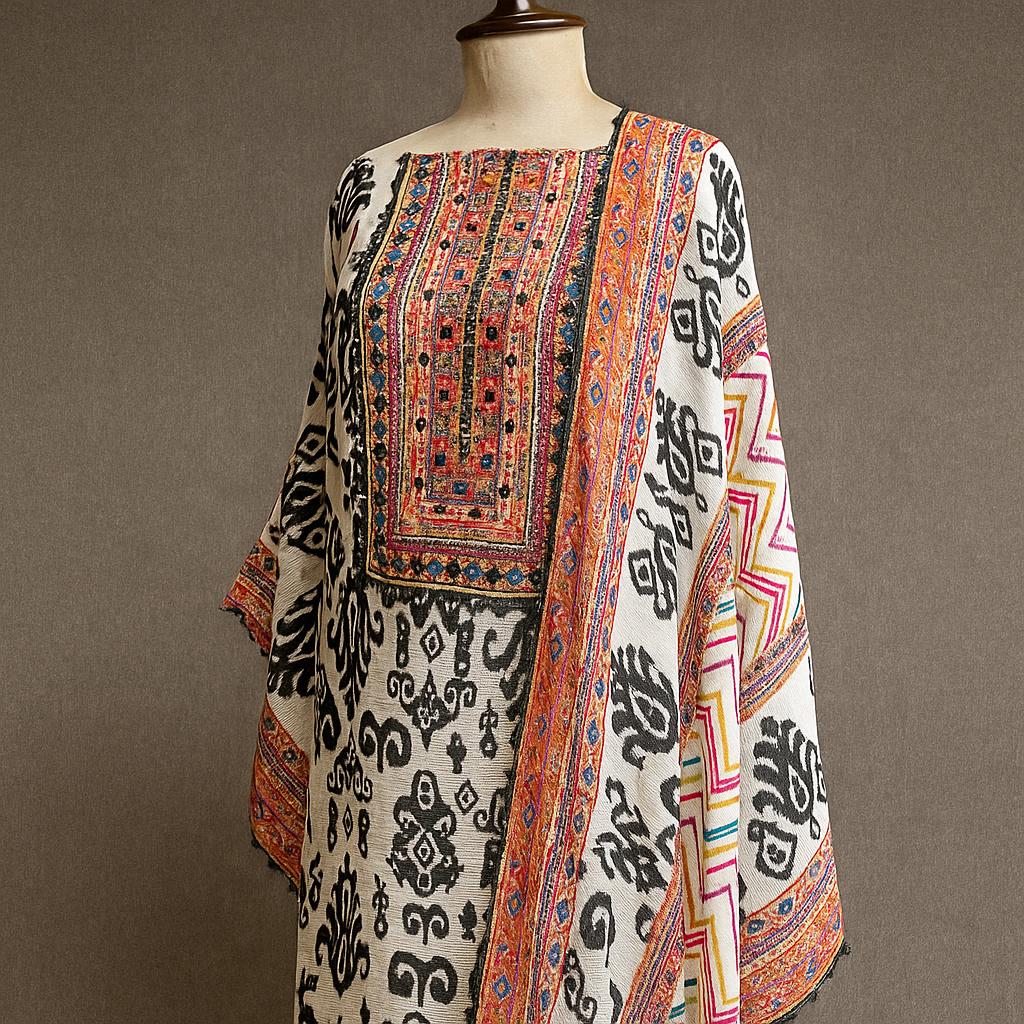 Tribal Muse – Muslin Unstitched Suit with Ethnic Print & Embellished Neckline-Aaroha Living