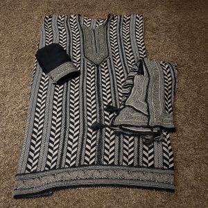 Black & White Muslin Unstitched Suit with Beaded Neckline-Aaroha Living