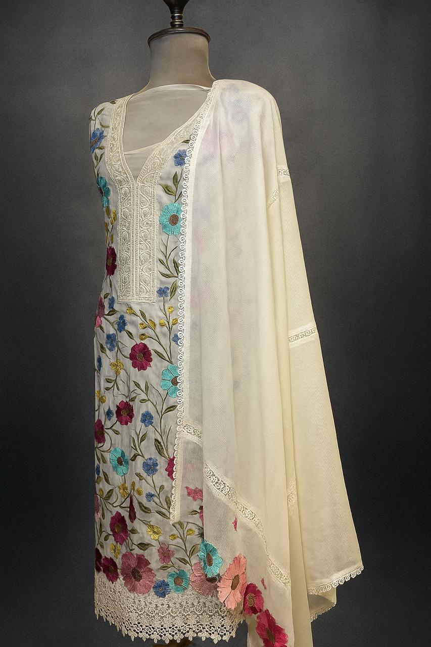 Phoolwari Charm – White Organza Floral Magic-Aaroha Living