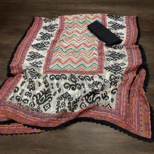 Tribal Muse – Muslin Unstitched Suit with Ethnic Print & Embellished Neckline-Aaroha Living