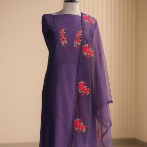 Purple Unstitched Cotton Suit with Neckline Detailing-Aaroha Living