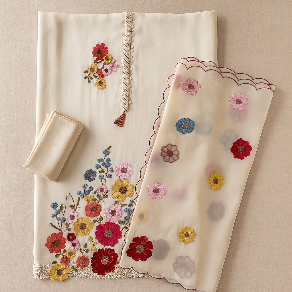 Phoolwari Charm – White Organza Floral Magic-Aaroha Living