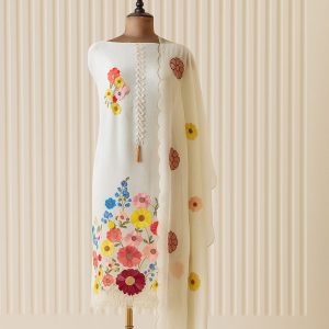 Phoolwari Charm – White Organza Floral Magic-Aaroha Living