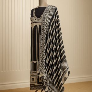 Black & Beige Black Unstitched Crepe Suit with Neckline Detailing-Aaroha Living