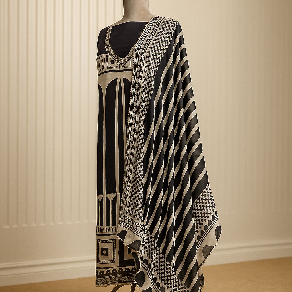 Black & Beige Black Unstitched Crepe Suit with Neckline Detailing-Aaroha Living