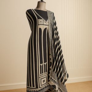 Black & Beige Unstitched Crepe Suit with Neckline Detailing-Aaroha Living