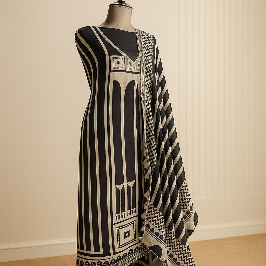 Black & Beige Unstitched Crepe Suit with Neckline Detailing-Aaroha Living