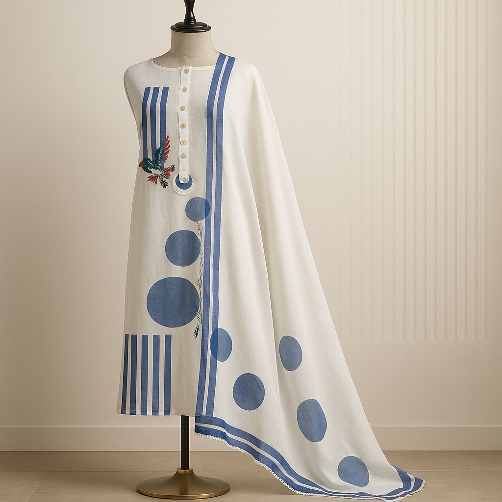 Elegant White & Blue Unstitched Cotton Suit with Bead Lace Detailing-Aaroha Living