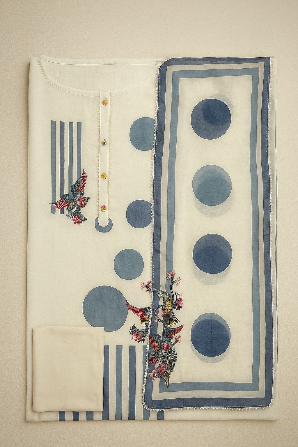 Elegant White & Blue Unstitched Cotton Suit with Bead Lace Detailing-Aaroha Living