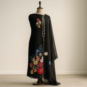 Phoolwari Charm – Black Organza Floral Magic-Aaroha Living