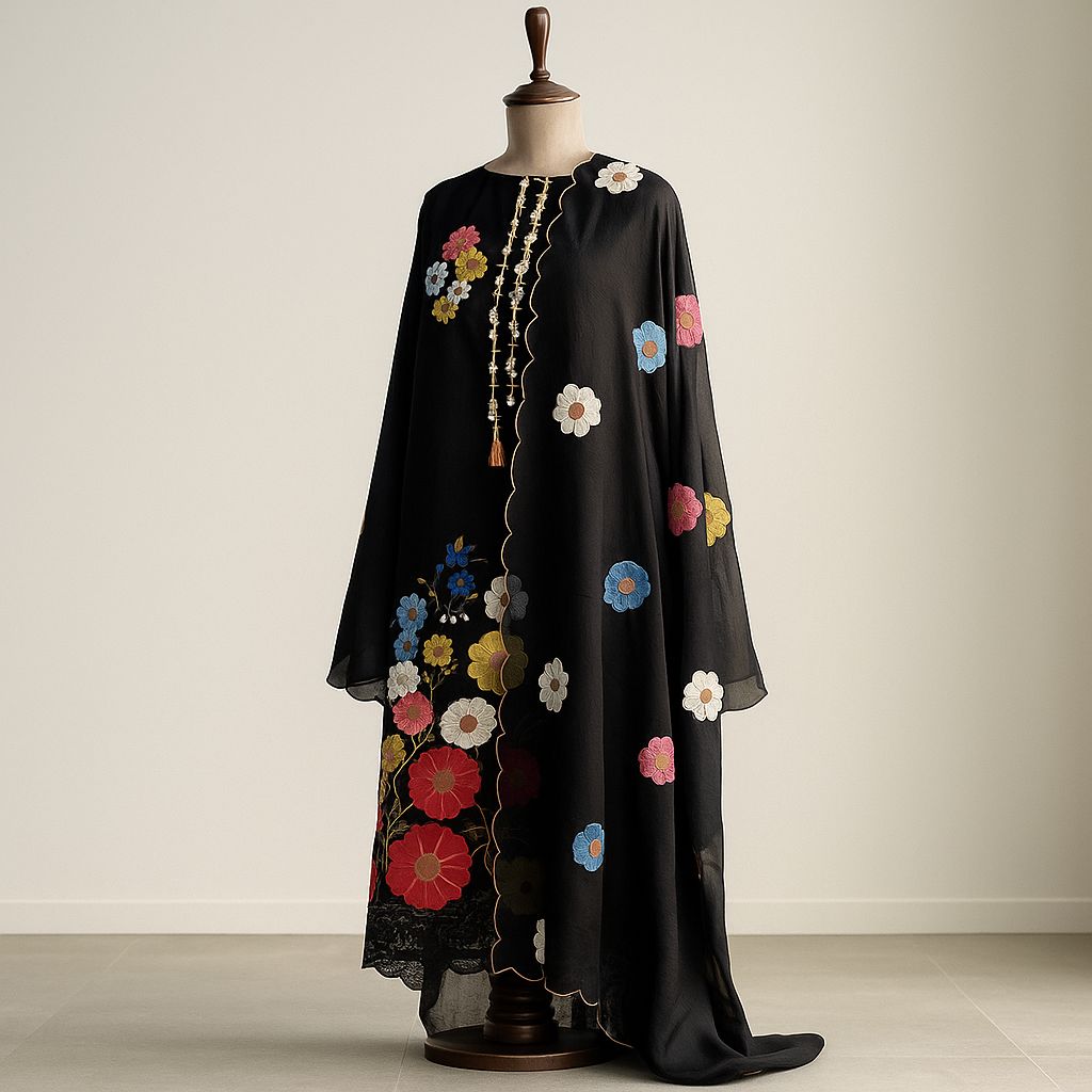 Phoolwari Charm – Black Organza Floral Magic-Aaroha Living