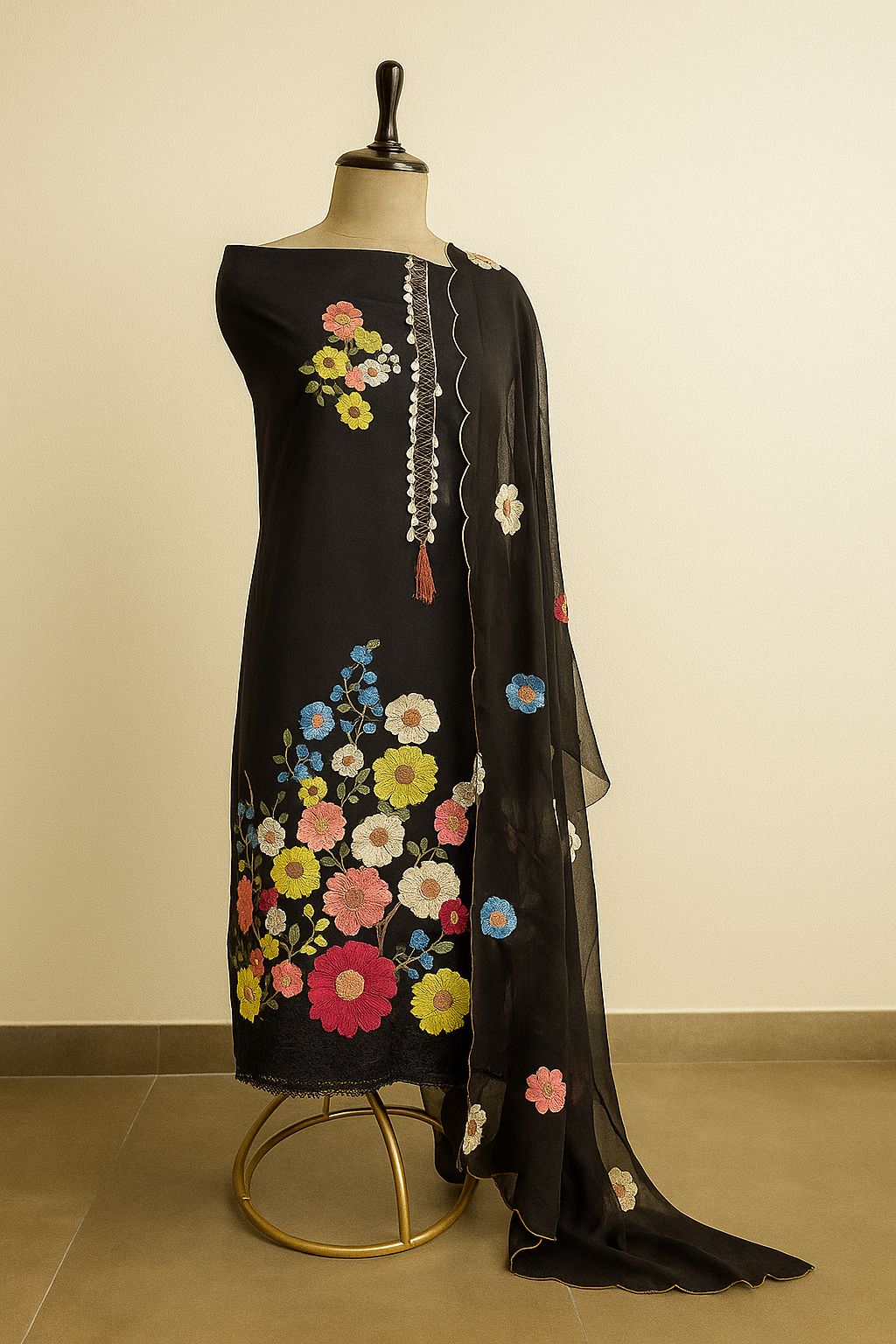 Phoolwari Charm – Black Organza Floral Magic-Aaroha Living