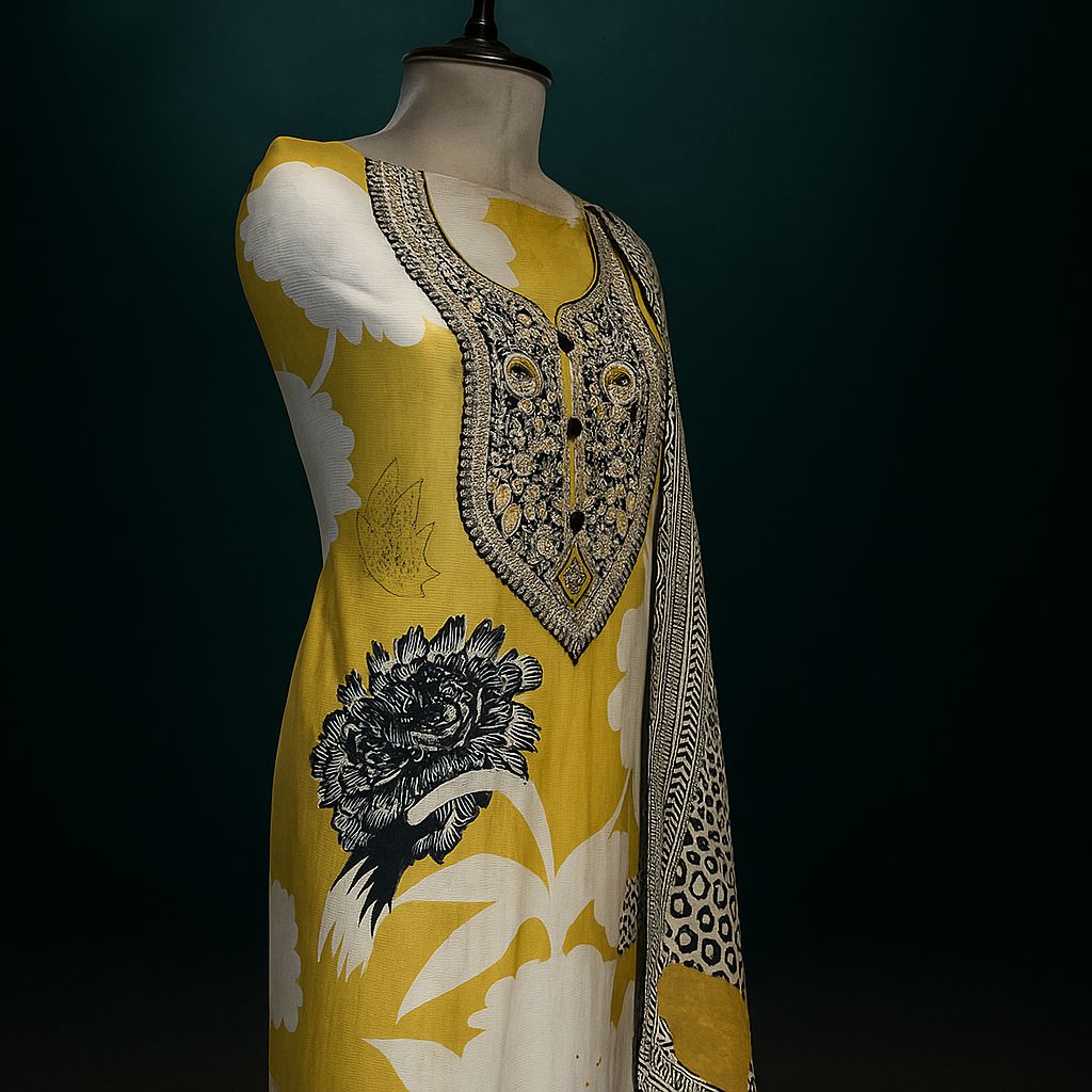 Bloom in Sunshine - Sunny yellow Muslin Unstitched Suit-Aaroha Living