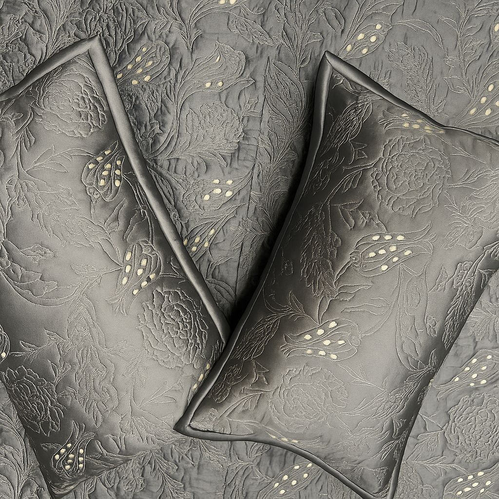 Grey Embroidered Flower Bedcover-Aaroha Living