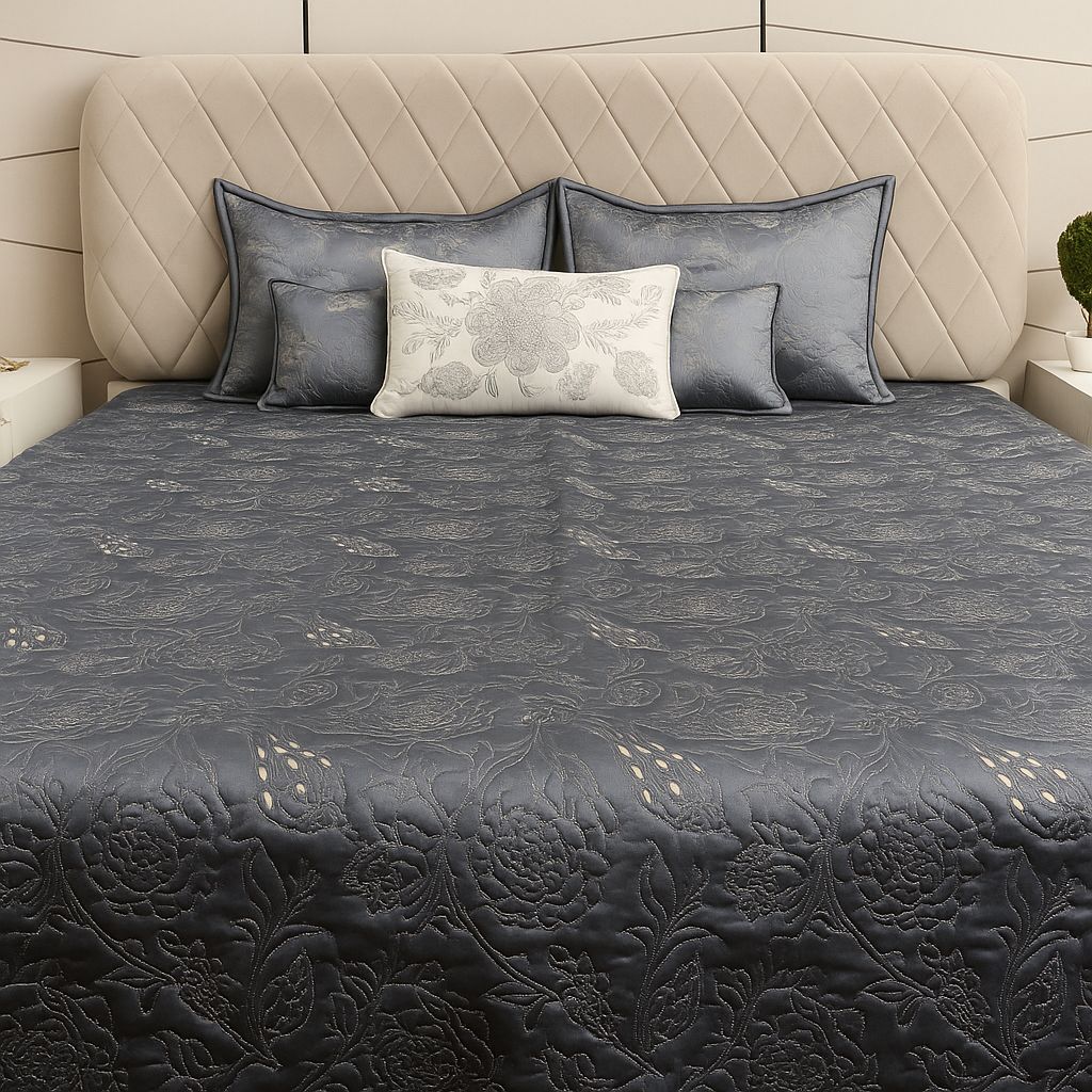 Grey Embroidered Flower Bedcover-Aaroha Living