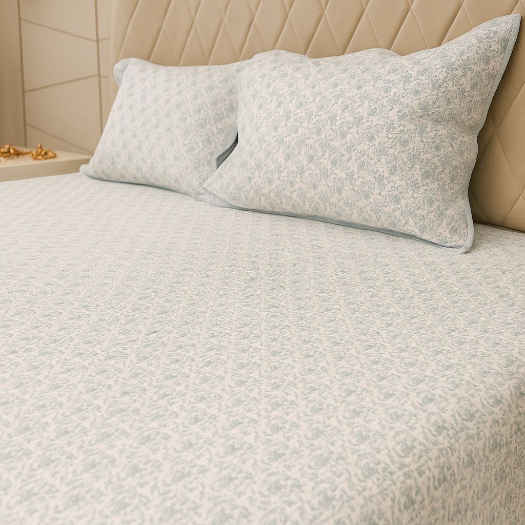 White And Sky Blue Quilted Bedcover with Floral Print-Aaroha Living