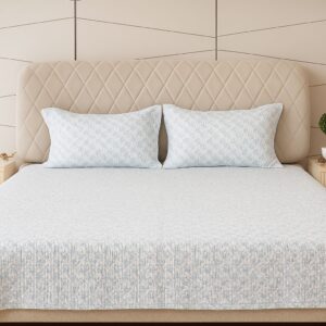 White And Sky Blue Quilted Bedcover with Floral Print-Aaroha Living