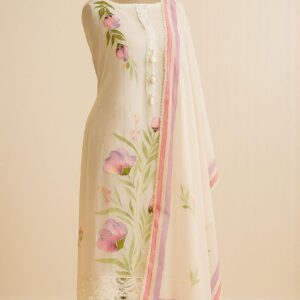 Chanderi Charm White Unstitched Suit-Aaroha Living