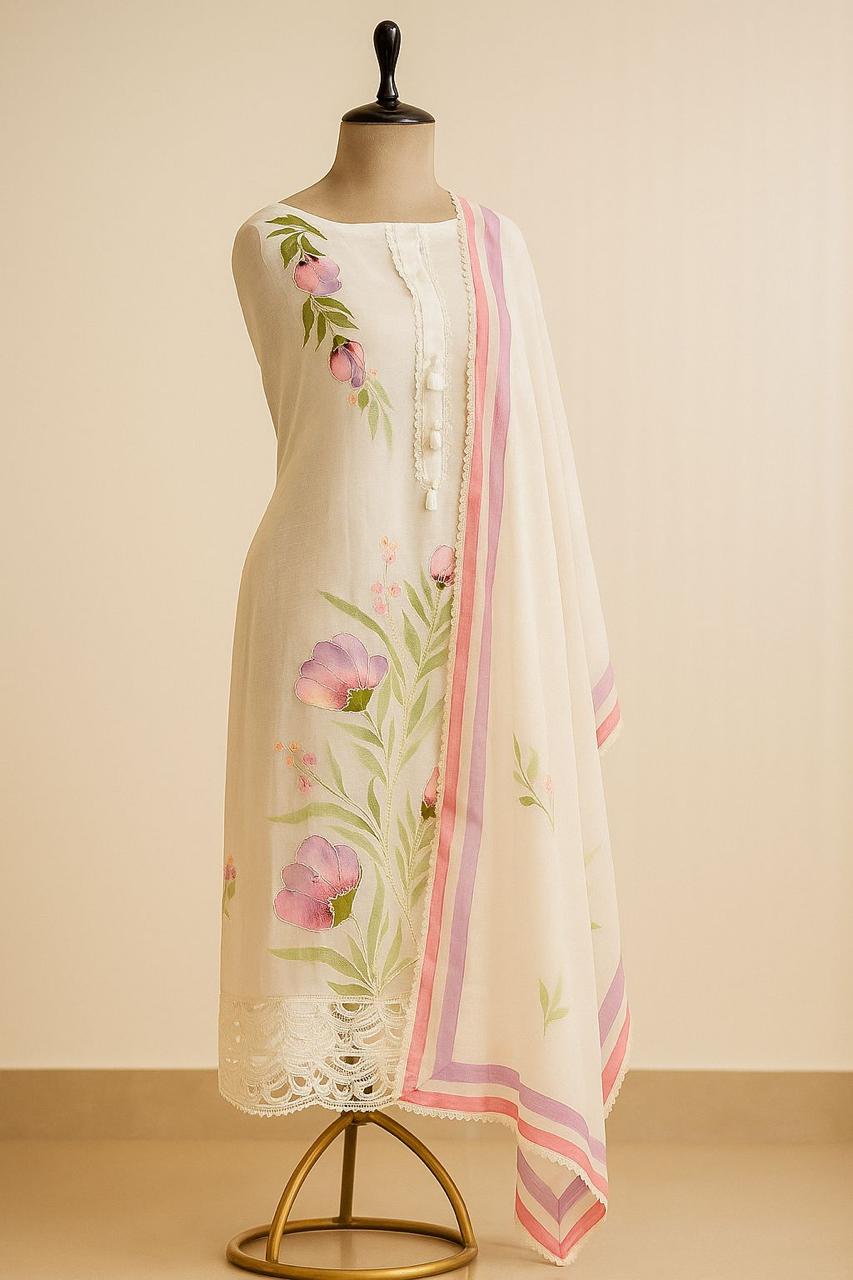Chanderi Charm White Unstitched Suit-Aaroha Living