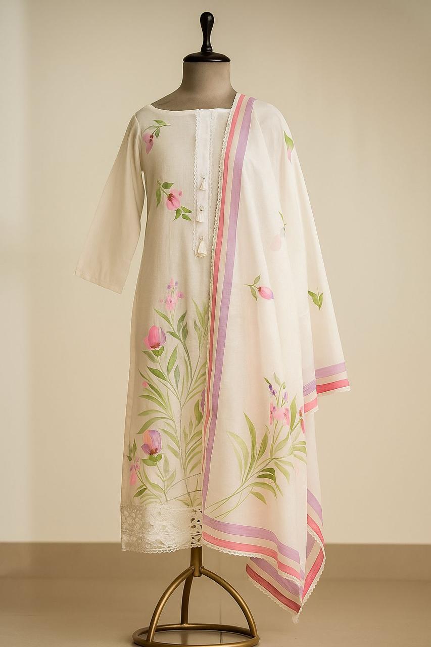 Chanderi Charm White Unstitched Suit-Aaroha Living