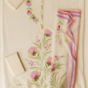 Chanderi Charm White Unstitched Suit-Aaroha Living