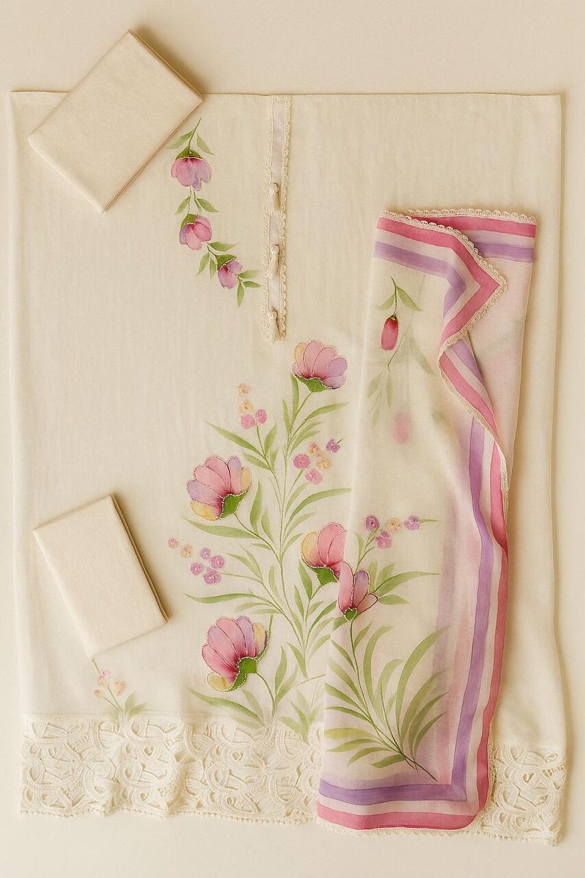 Chanderi Charm White Unstitched Suit-Aaroha Living