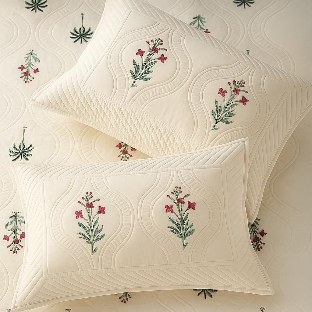 White cotton quilted bedcover with digital print-Aaroha Living