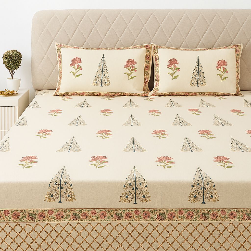 Cotton Block Print Bedsheet-Aaroha Living