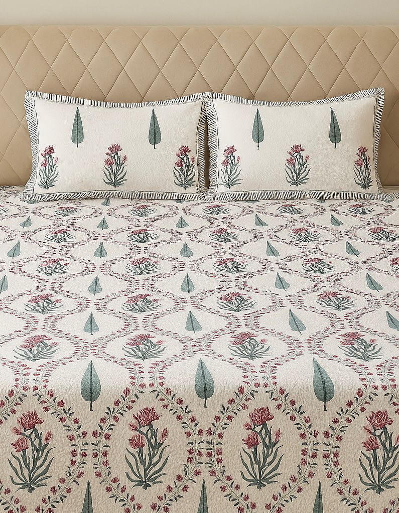 Handcrafted Jacquard Block Print Bedcover-Aaroha Living