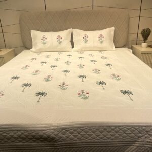 White cotton quilted bedcover with digital print-Aaroha Living