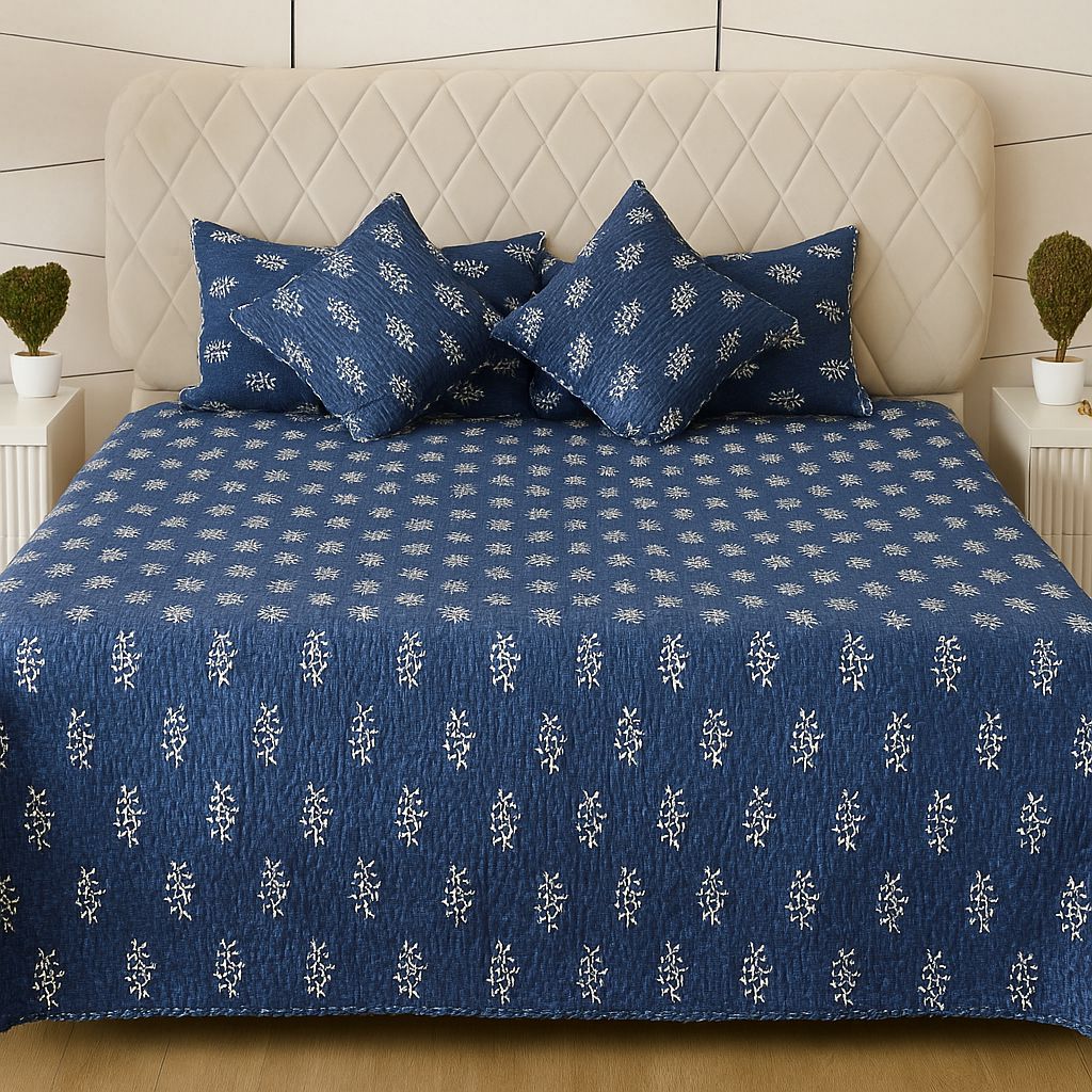 Ajrakh Block Print Blue Bedcover-Aaroha Living