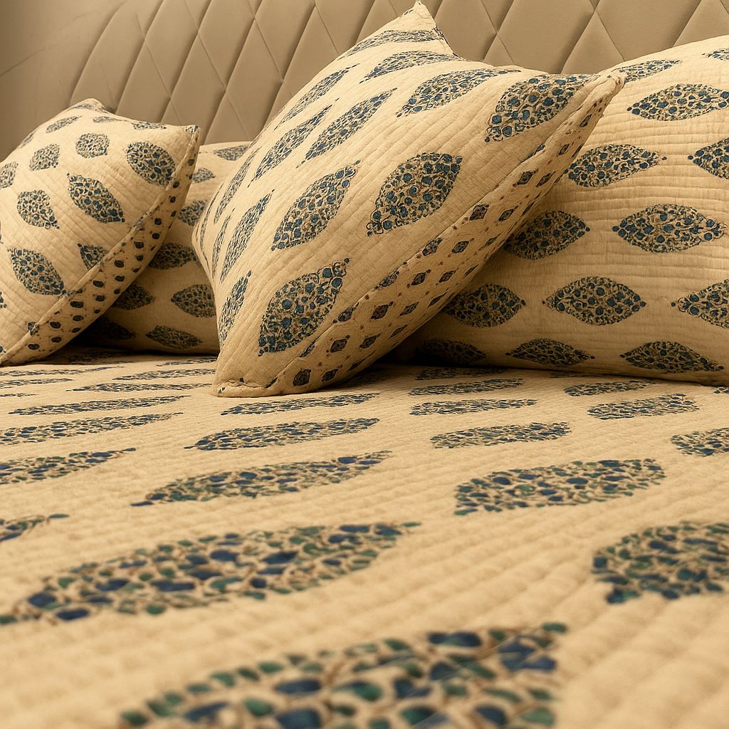 Ajrakh Block Print Blue Bedcover-Aaroha Living
