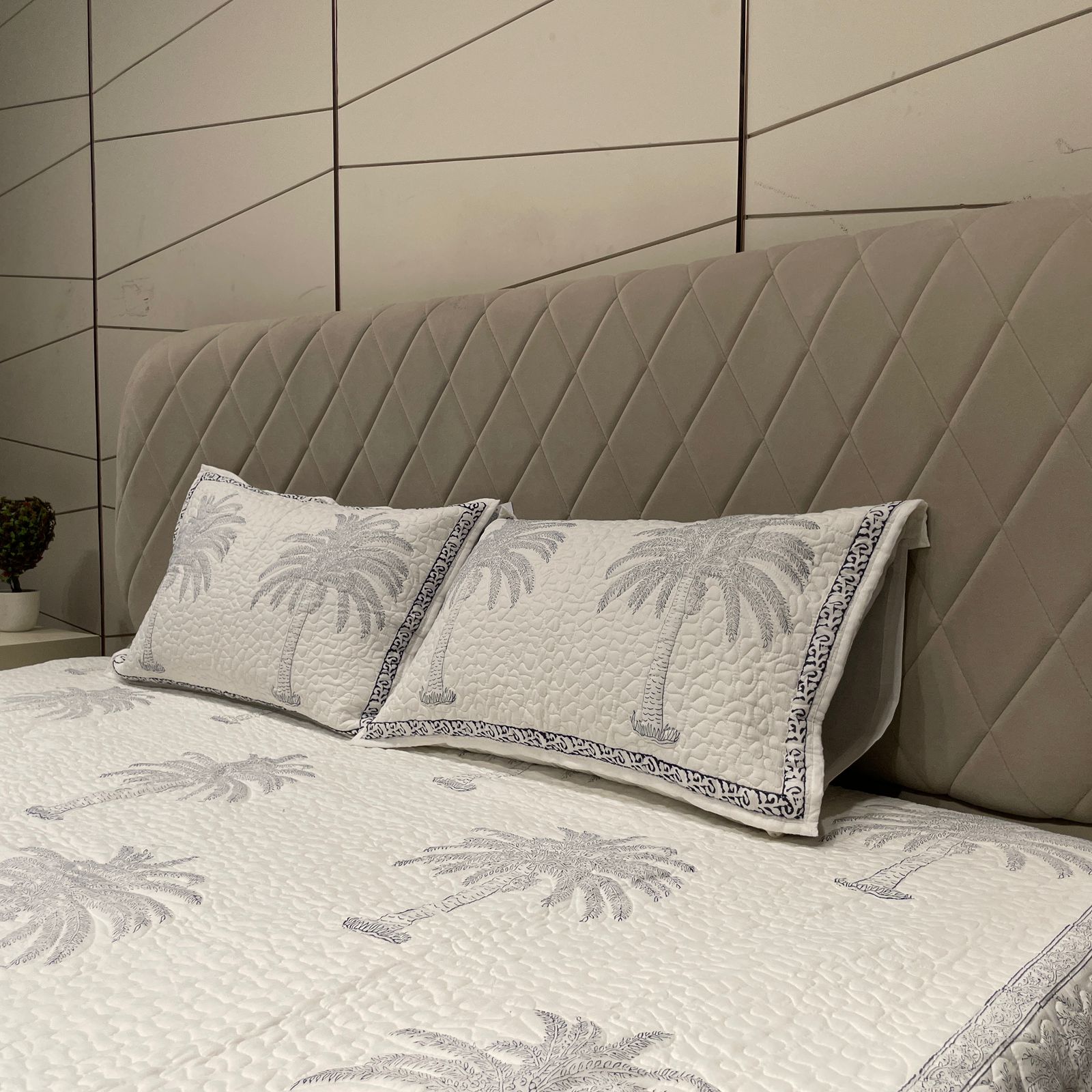 White Quilted Bedcover with Tree Motifs-Aaroha Living