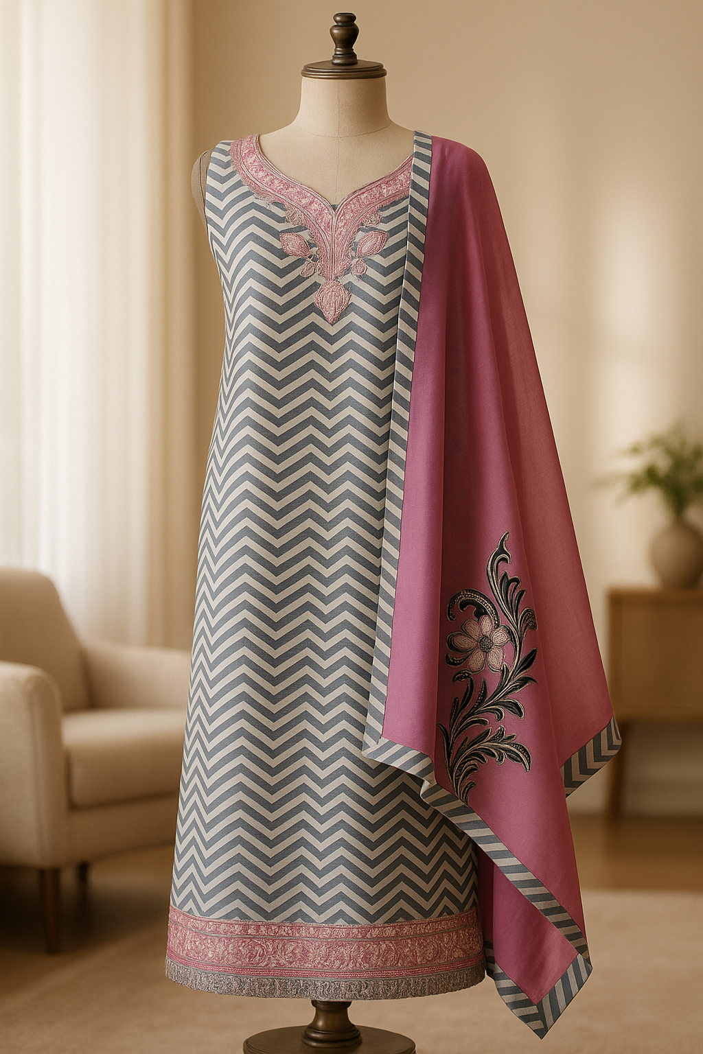 Midnight Chevron Muslin Unstitched Suit-Aaroha Living