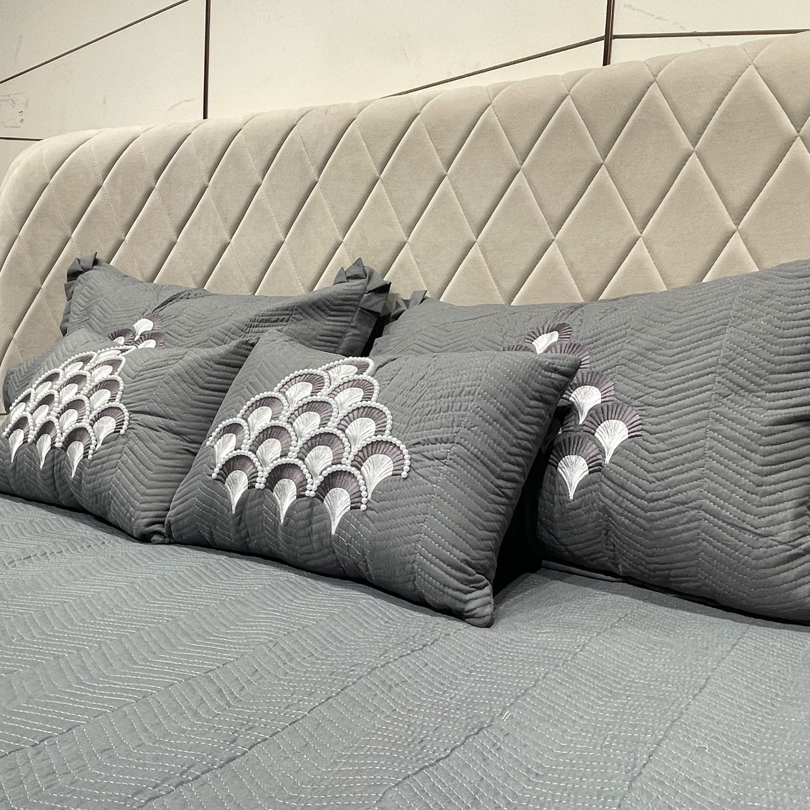 Dark Grey Embroidered Bedcover Set-Aaroha Living