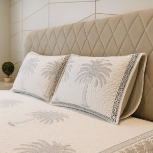 White Quilted Bedcover with Tree Motifs-Aaroha Living