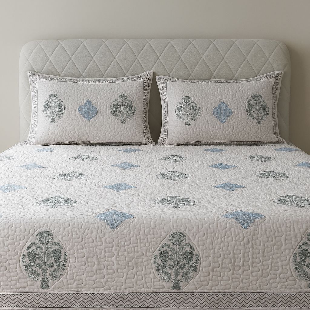 Cotton Quilted Bedcover with Floral Print-Aaroha Living