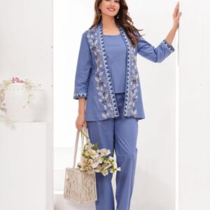 Cotton Poplin Thread Embroidery Coord Set With Jacket