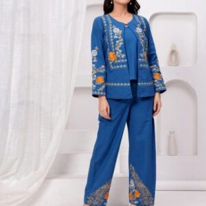 Cotton Poplin Thread Embroidery Coord Set With Jacket