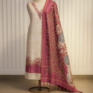 Chanderi  Floral Printed With Embroidery Unstitched Suit